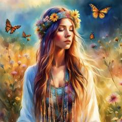 Woman in meditation surrounded by butterflies and flowers